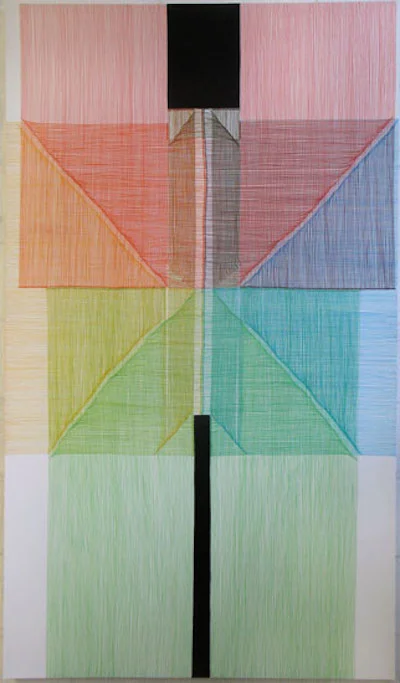 Four Vector Space Interaction Drawing 5: Spaces Between Both Arms Stretched Upwards and Both Legs Stretched Downwards Marker pen on gesso on MDF board 74 x 57 inches