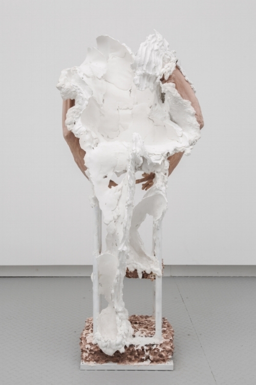 Urn 1 hydrocal, FGR-95, plaster, glass fiber, steel, burlap, clay, pigment, 2018 61” x 29” x 25”