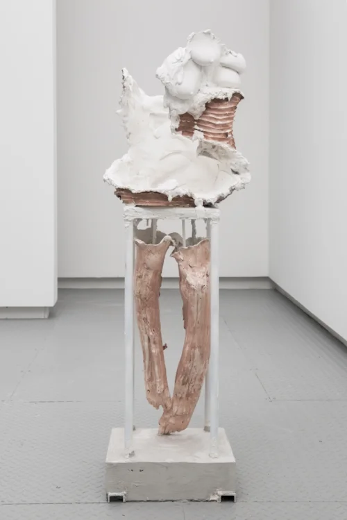 Urn 2 hydrocal, FGR-95, plaster, glass fiber, steel, burlap, clay, pigment, 2018 61” x 19” x 20”
