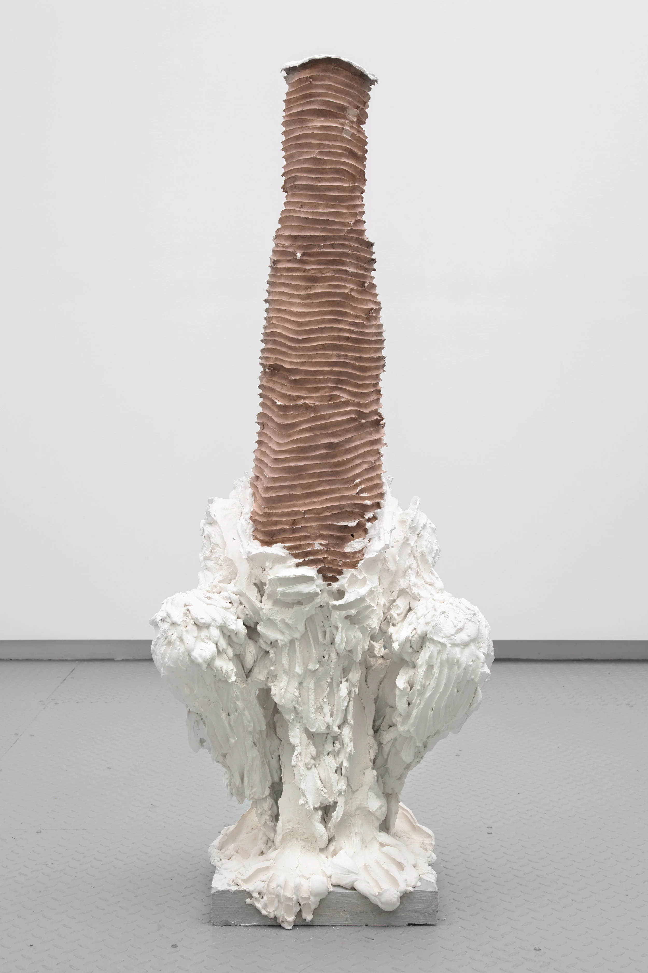 Urn 3, hydrocal, FGR-95, glass fiber, steel, burlap, clay, pigment, 2018 62” x 27” x 16”
