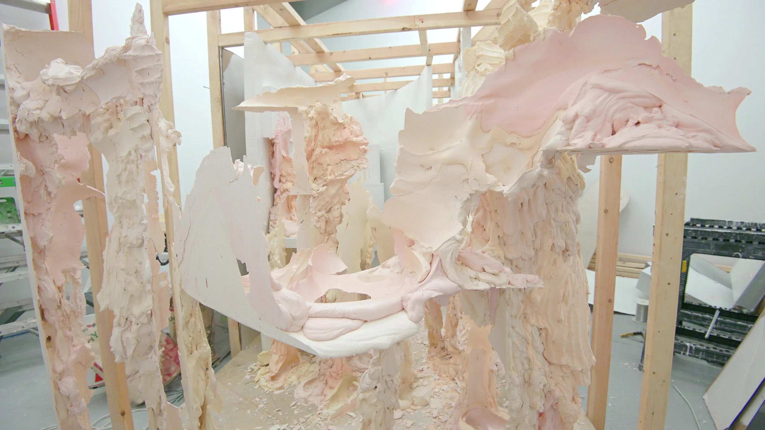 Shee, 2018 (work in progress) wood, cardboard, enamel paint, plastic, plaster