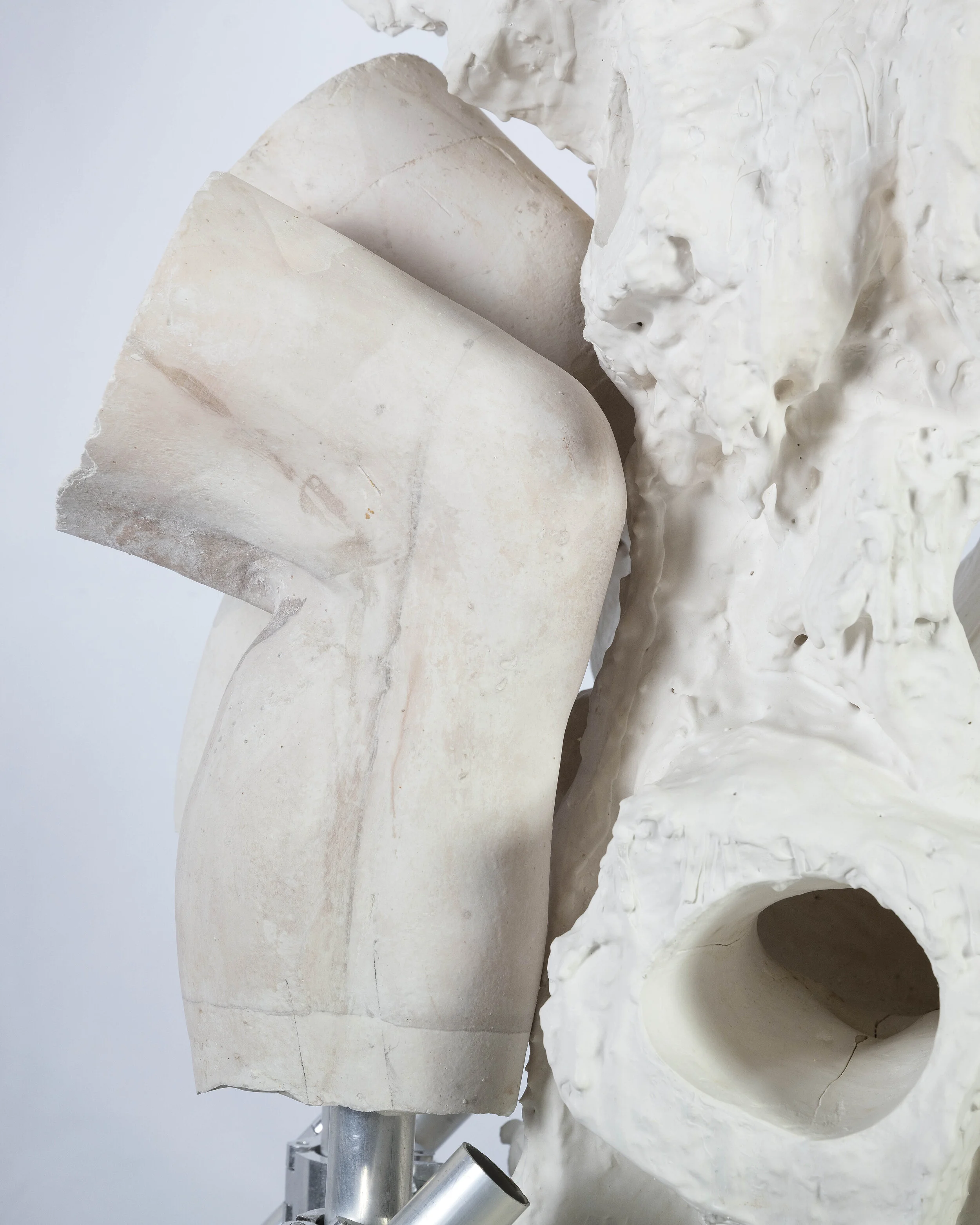 Contraction 3 (detail) Dental plaster, steel, aluminium, acrylic, burlap, wax 160 x 80 x 50 cm 2019