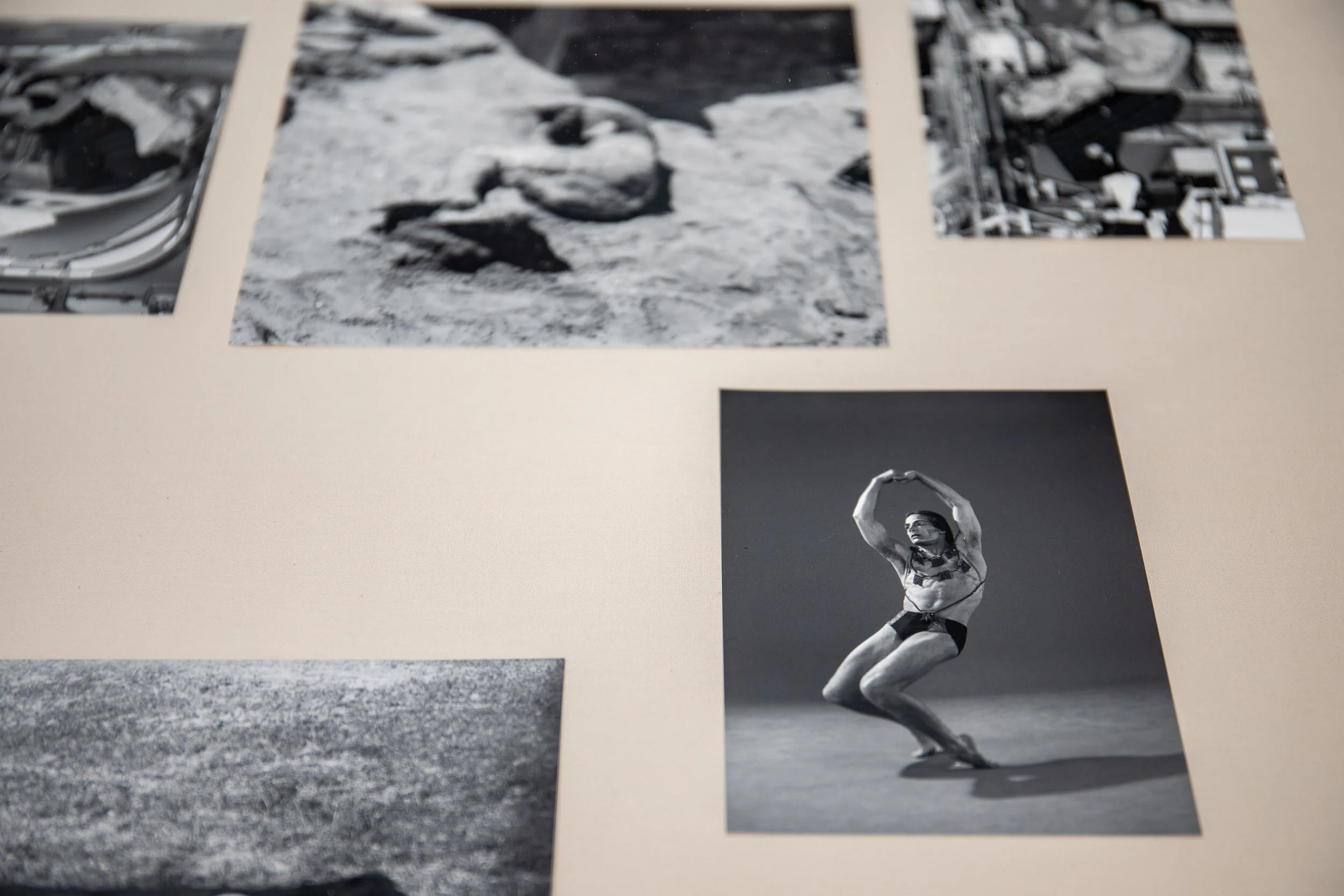 Attitude 1 and Attitude 2 (details) Steel and glass vitrine, black and white photographs, fabric 100 x 210 x 75 cm 2019