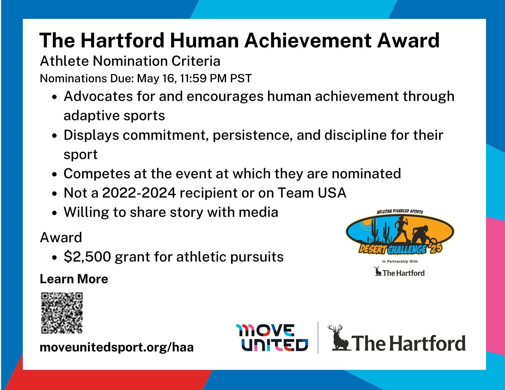 Do you know an amazing athlete participating in the 2025 Desert Challenge Games? Be sure to check out The Hartford Human Achievement Award opportunity as well as The Hartford Equipment Grant and nominate someone today! https://www.arizonadisabledspor