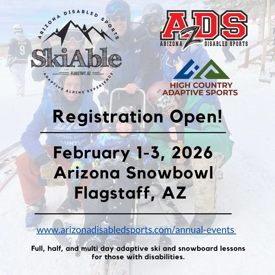 Registration is open for our 2026 SkiAble Adaptive Alpine Experience at Arizona Snowbowl! Join us for half, full, or multi day adaptive ski lessons! Secure your spot today, limited spots available! Link in bio! #SkiAble #AdaptiveSports #LetNoOneSitOn