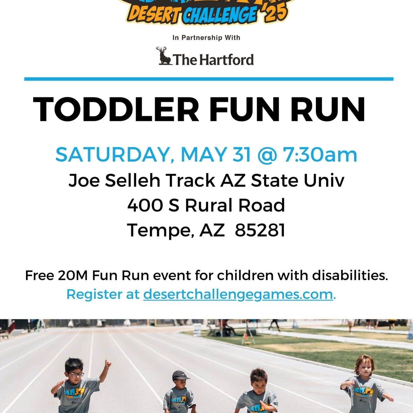 Don't miss the Toddler Fun Run at this year's Desert Challenge Games. Be sure to register your little athlete on our website! @moveunitedsport @hangerfoundation