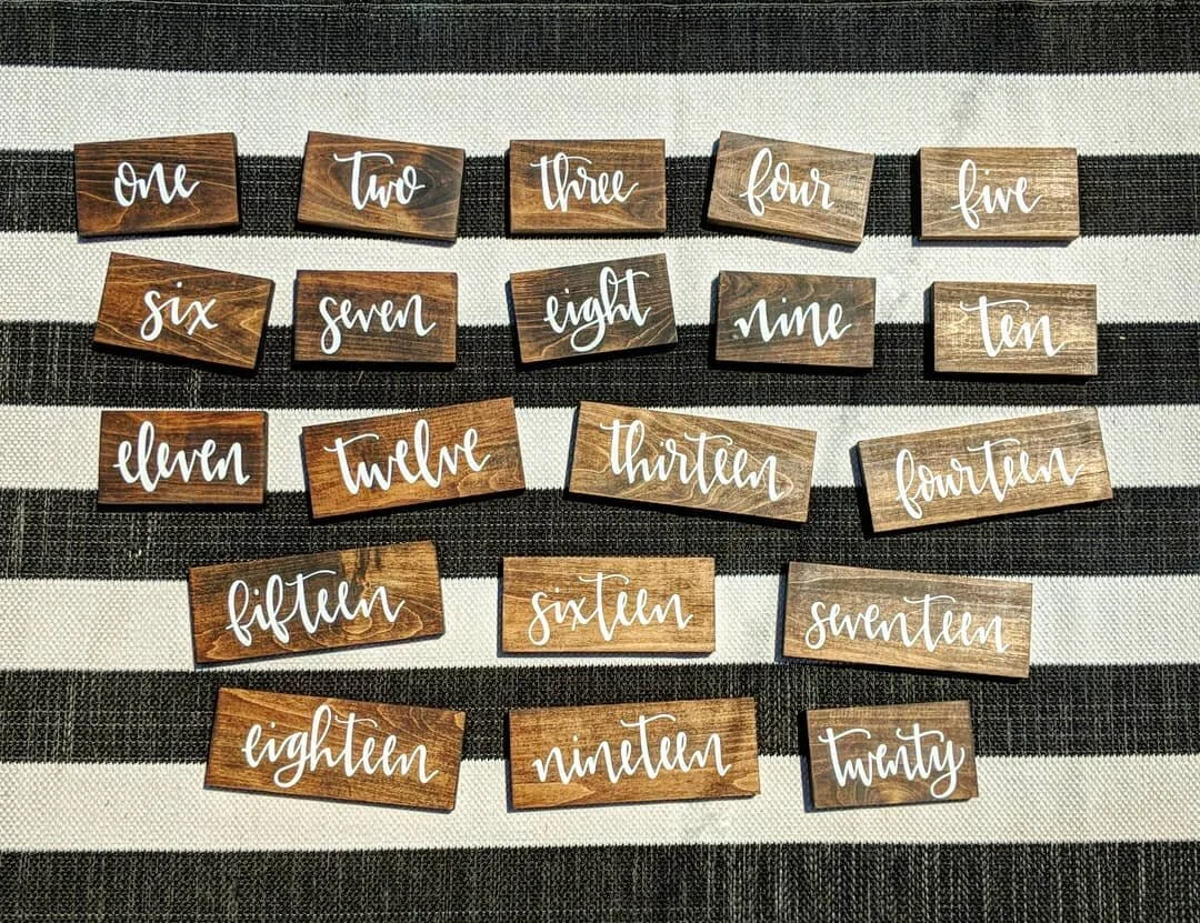 Close your eyes and count to twenty. Ready or not, the gals are here! #weekendvacay
.
.
.
#darkwalnutstainedmaple #tablenumbers #rentables #blankslatehandwriting