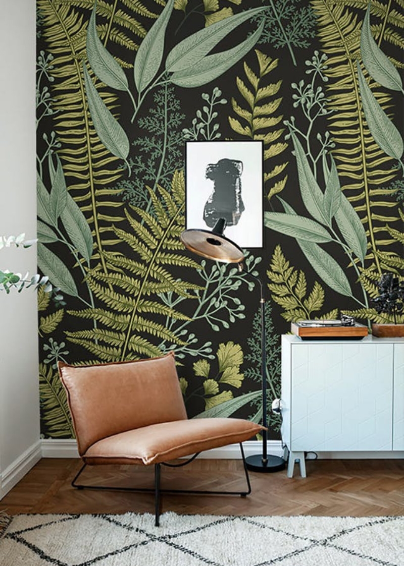 (Image Rebel Walls ) I love the dark background of this pattern. when I was a child my mother had black wallpaper with a floral pattern in our powder room. it was striking. Rita knew for the highest impact to wallpaper the ceiling too!