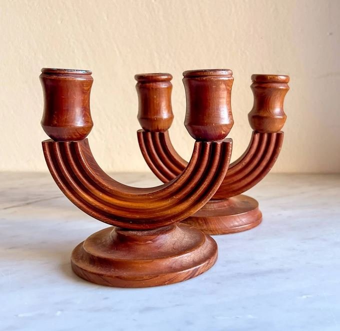 Wooden Double Arm Wooden Candleholders 