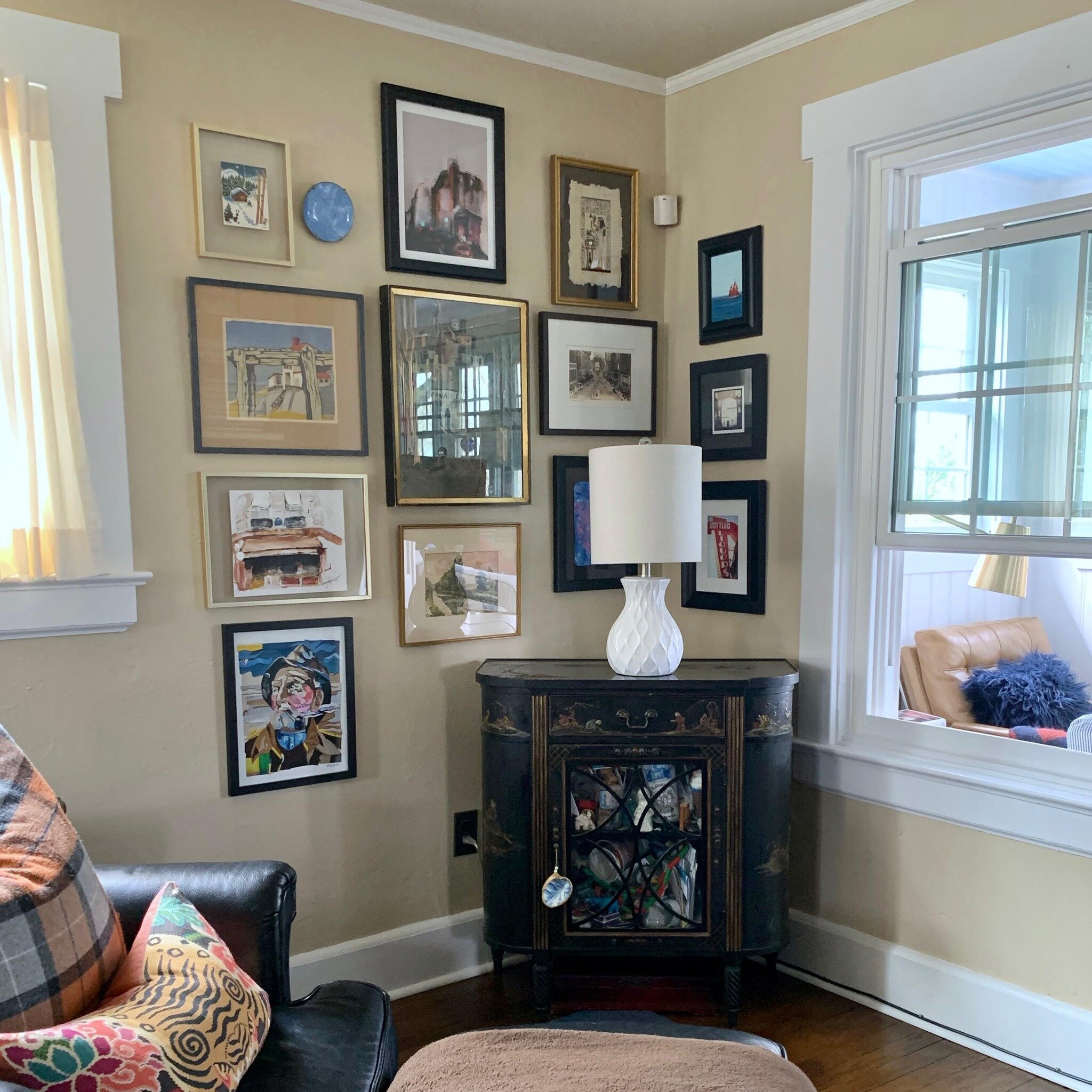 Friends recently I removed all the art, filled the numerous holes in the wall, touched up the paint and rehung this corner of our Livingroom.
It was a labor of love and I&rsquo;m really pleased with the structured vibe the art is giving. Lately I&rsq