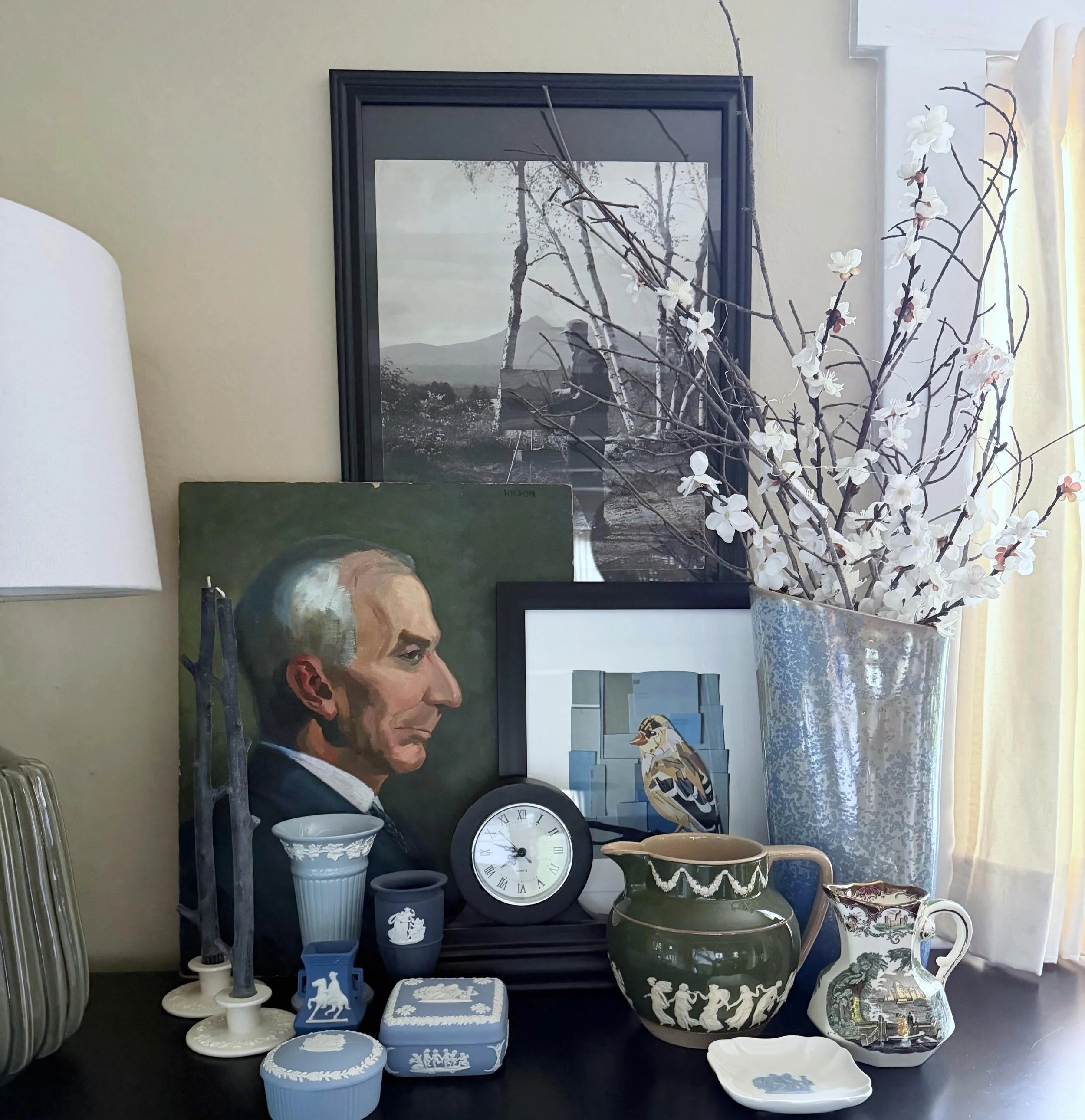 Happy Saturday Friends! For this month&rsquo;s Group Share I&rsquo;m sharing this vignette in our diningroom. I love to gather objects that tell a story through color and continuity of objects. Here I have Art - both hanging and leaning, Twig Candles
