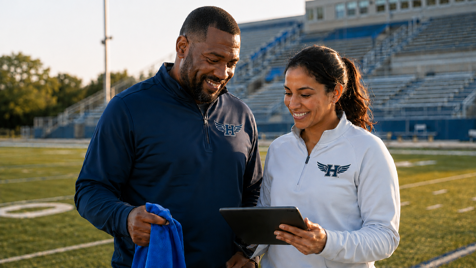 Athletic director and coach reviewing team wear options together on a tablet