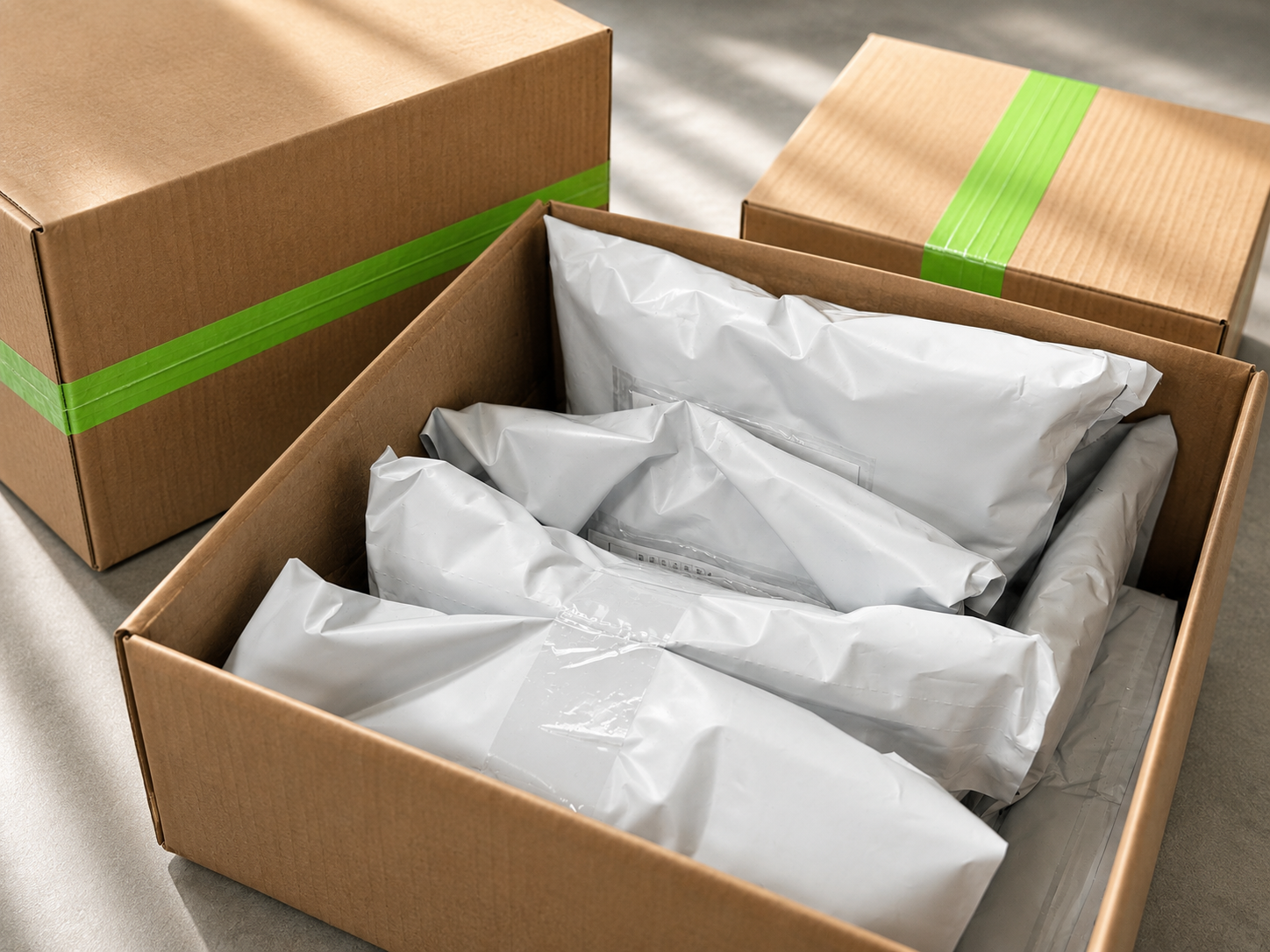 Bagged printed garments prepared for packing and shipment.