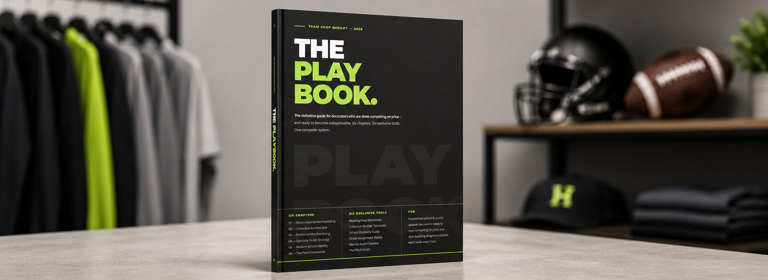 The 2026 Team Shop Reboot Playbook by Howard Custom Transfers displayed in a sports retail shop setting, a practical guide for decorators building stronger school and athletic apparel programs.