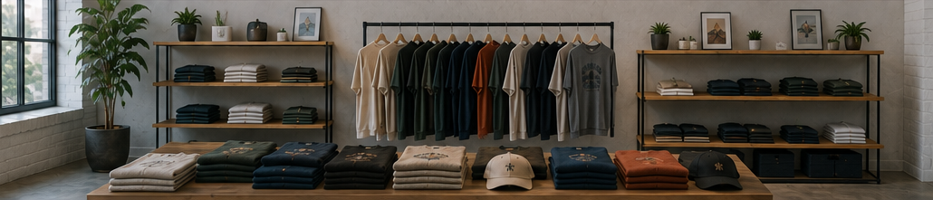 Wide view of a modern apparel showroom featuring coordinated seasonal merch collections and retail displays