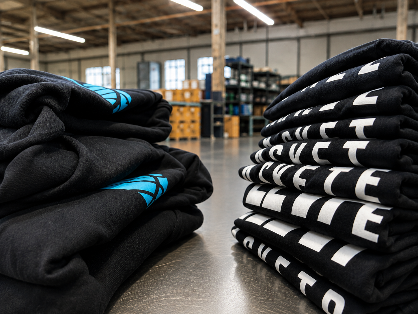 Piles of printed garments prepared through HCT Assist apparel production support.