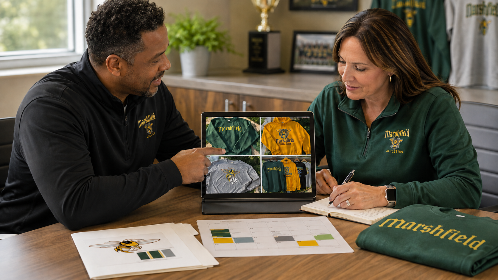 Two people reviewing photos of heat transfer decorated team wear and taking notes for an established school account