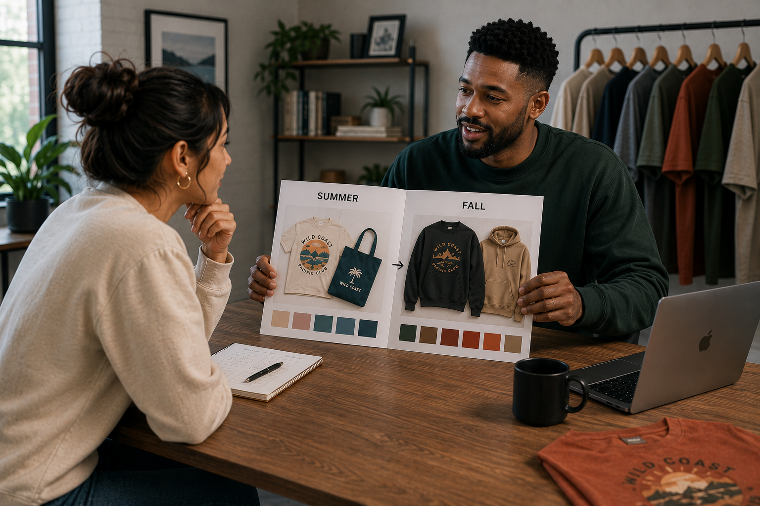 Apparel decorator presenting a summer to fall merch planning guide