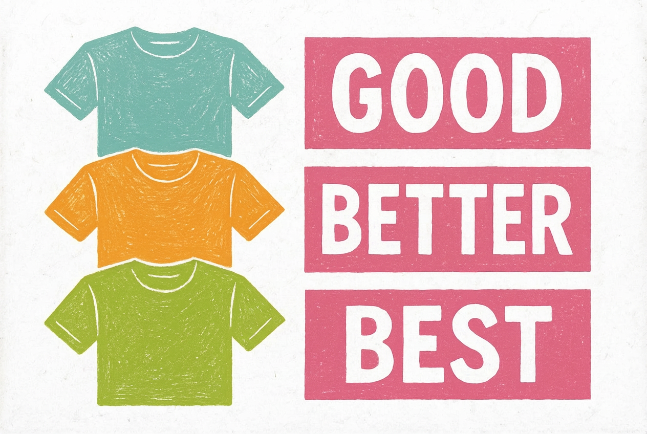 Graphic illustrating Good, Better, Best pricing tiers, showing how presenting three clear options helps customers make confident decisions and anchors value at the top.