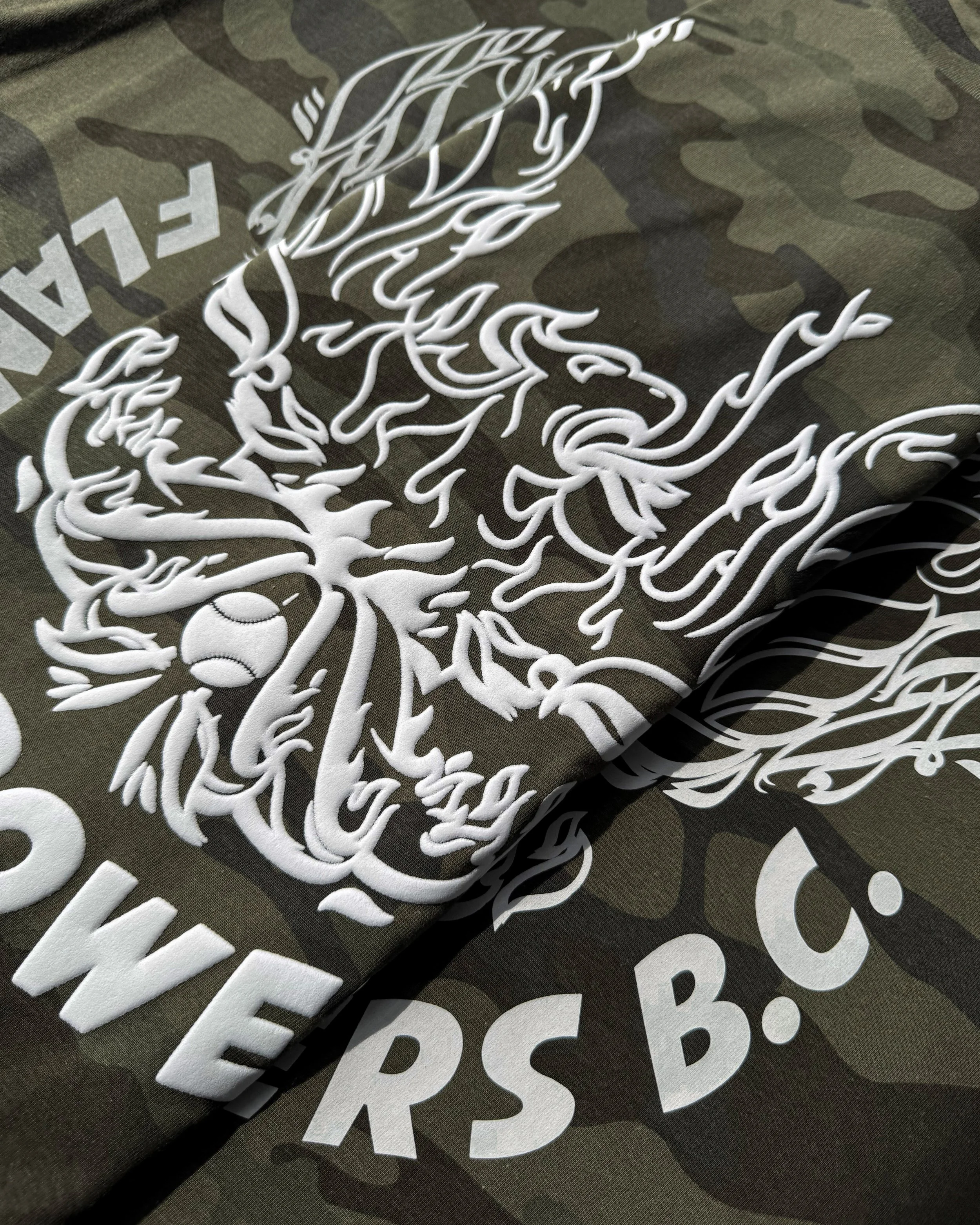 Close-up comparison of white Howard Multi-Purpose, Puff, and Vintage Wash prints on Forest Camo tees.