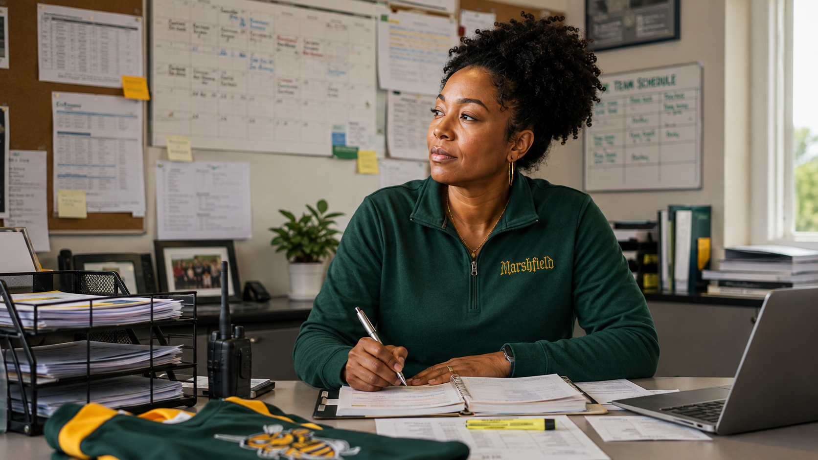 Athletic director working at a desk with notes and materials for an upcoming school spirit wear program