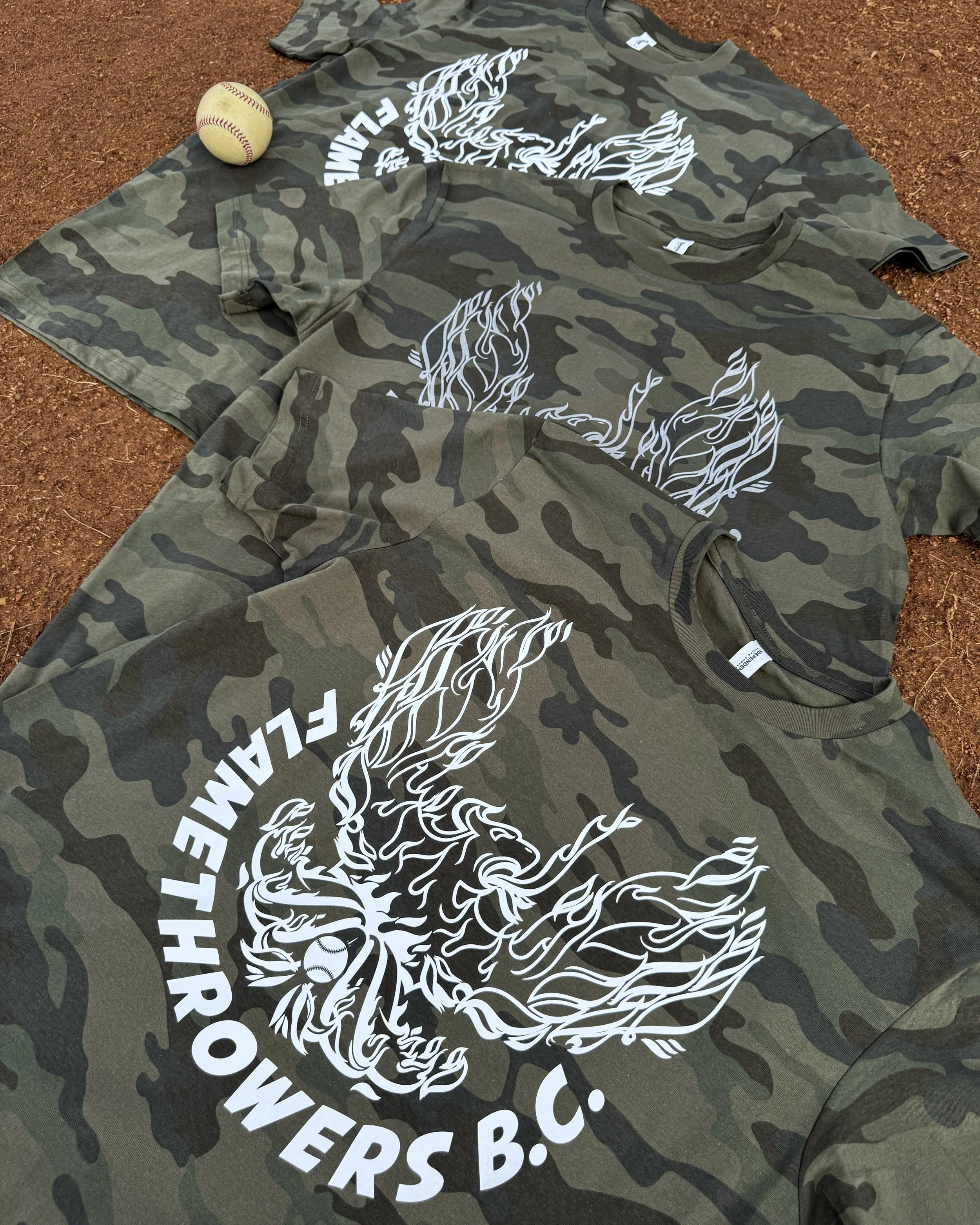 Three Forest Camo tees featuring the same Flame Throwers B.C. design in three heat transfer finishes.