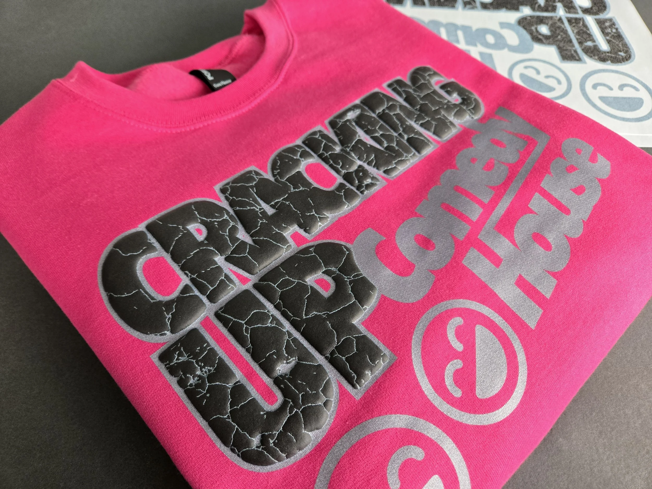 Puff printed on the Port & Company PC78 Core Fleece Crewneck Sweatshirt in Sangria, showcasing a raised, dimensional print on a soft fleece crewneck.