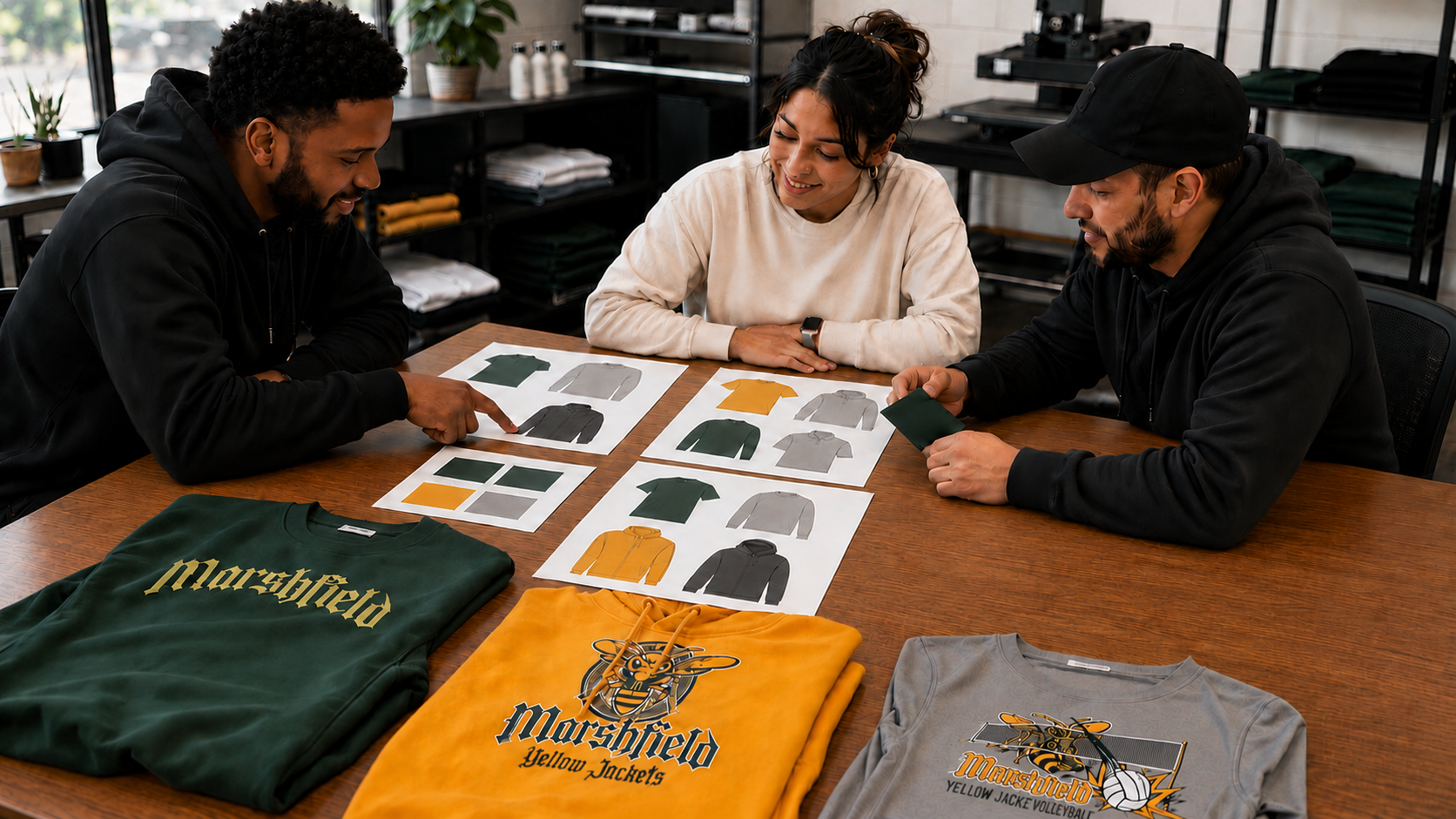 Three apparel decorators reviewing garment options and color palettes for a school spirit wear program