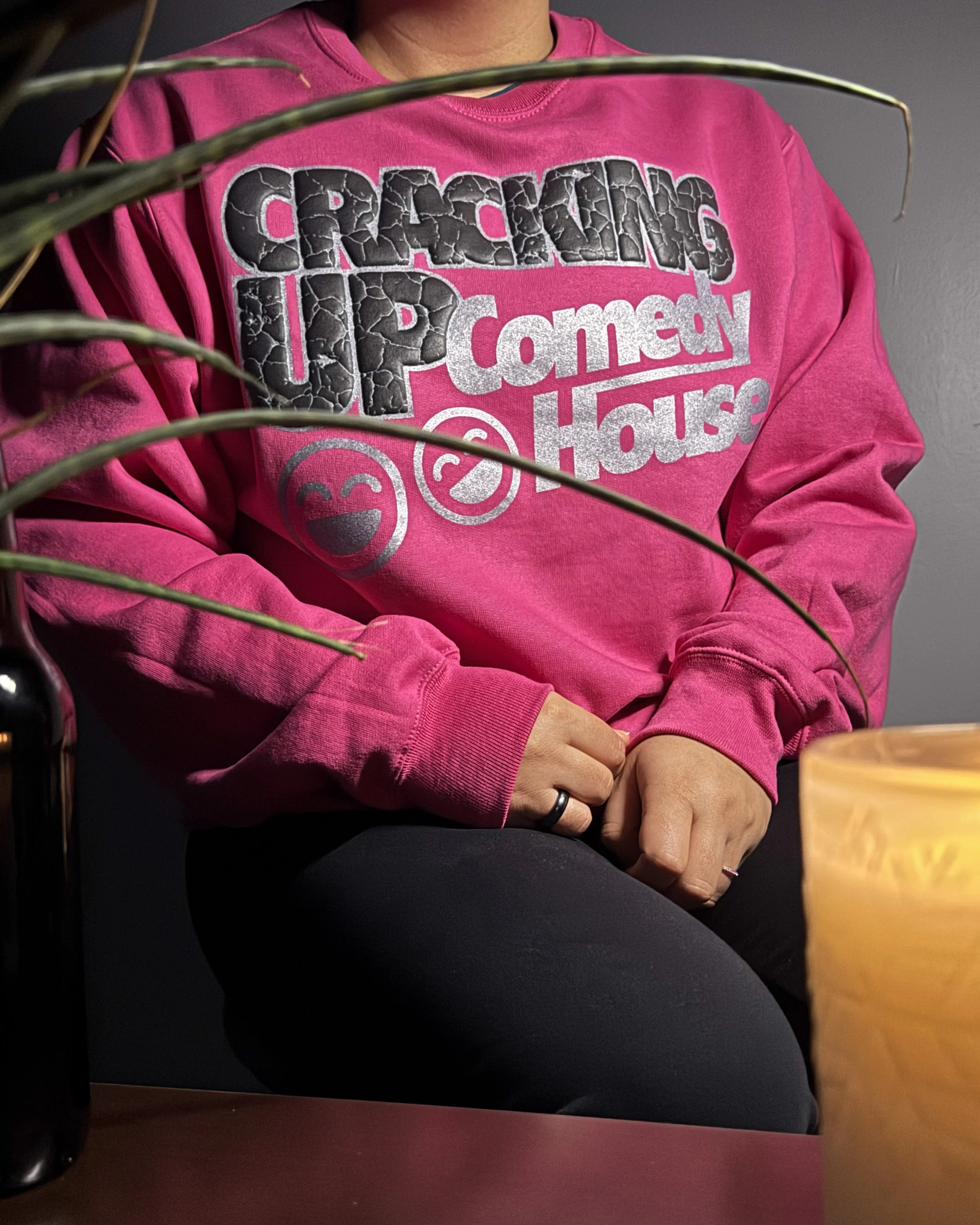 Puff print crewneck featuring a raised design on the Port & Company PC78 Core Fleece Crewneck Sweatshirt in Sangria, highlighting texture and dimension on a classic fleece sweatshirt.