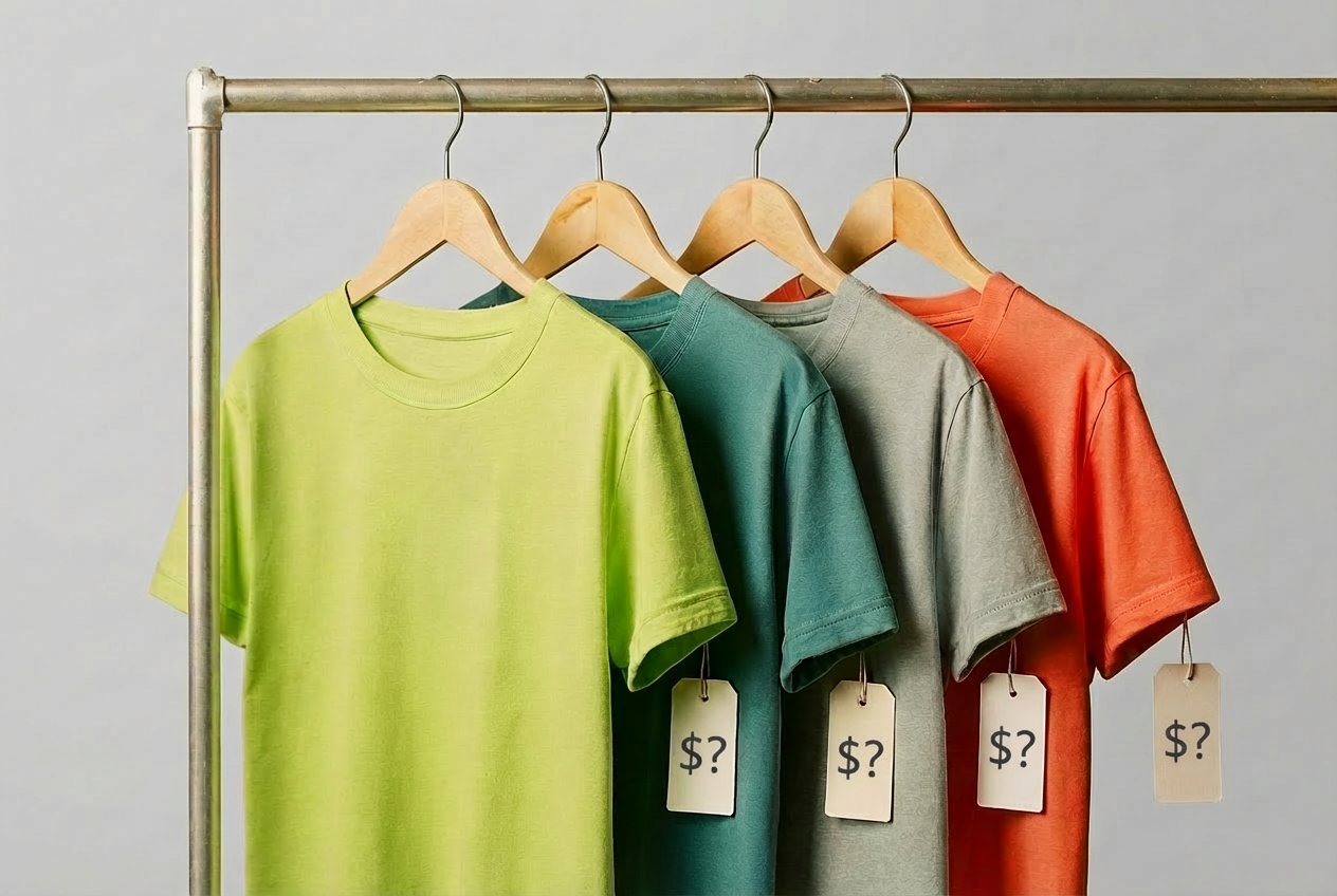 Row of shirts on a clothing rack, each displaying a price tag, illustrating the concept of customers focusing on price when products seem interchangeable.