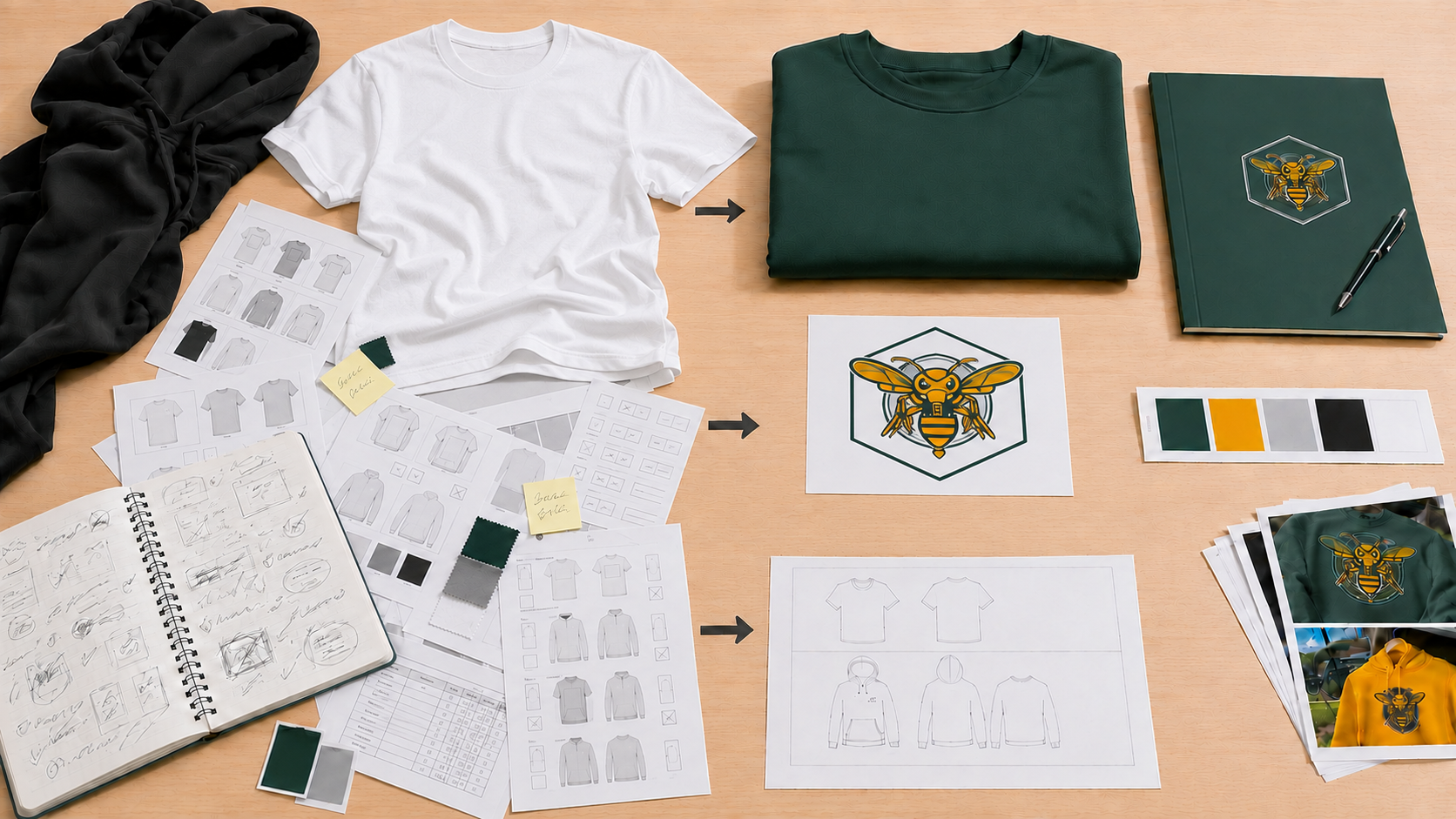 Arrows showing scattered school apparel planning transformed into an organized system with finalized products, colors, and heat transfer artwork