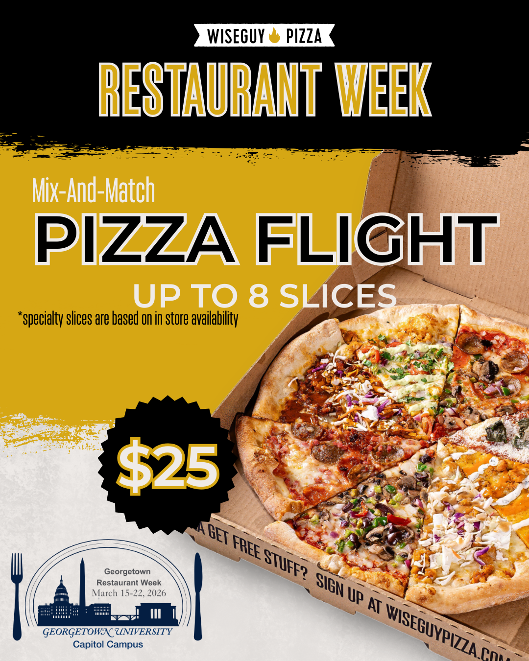 Promotional graphic for Wiseguy Pizza Restaurant Week showing an open pizza box with assorted slices, a $25 price badge, and text advertising a mix‑and‑match pizza flight of up to eight slices.