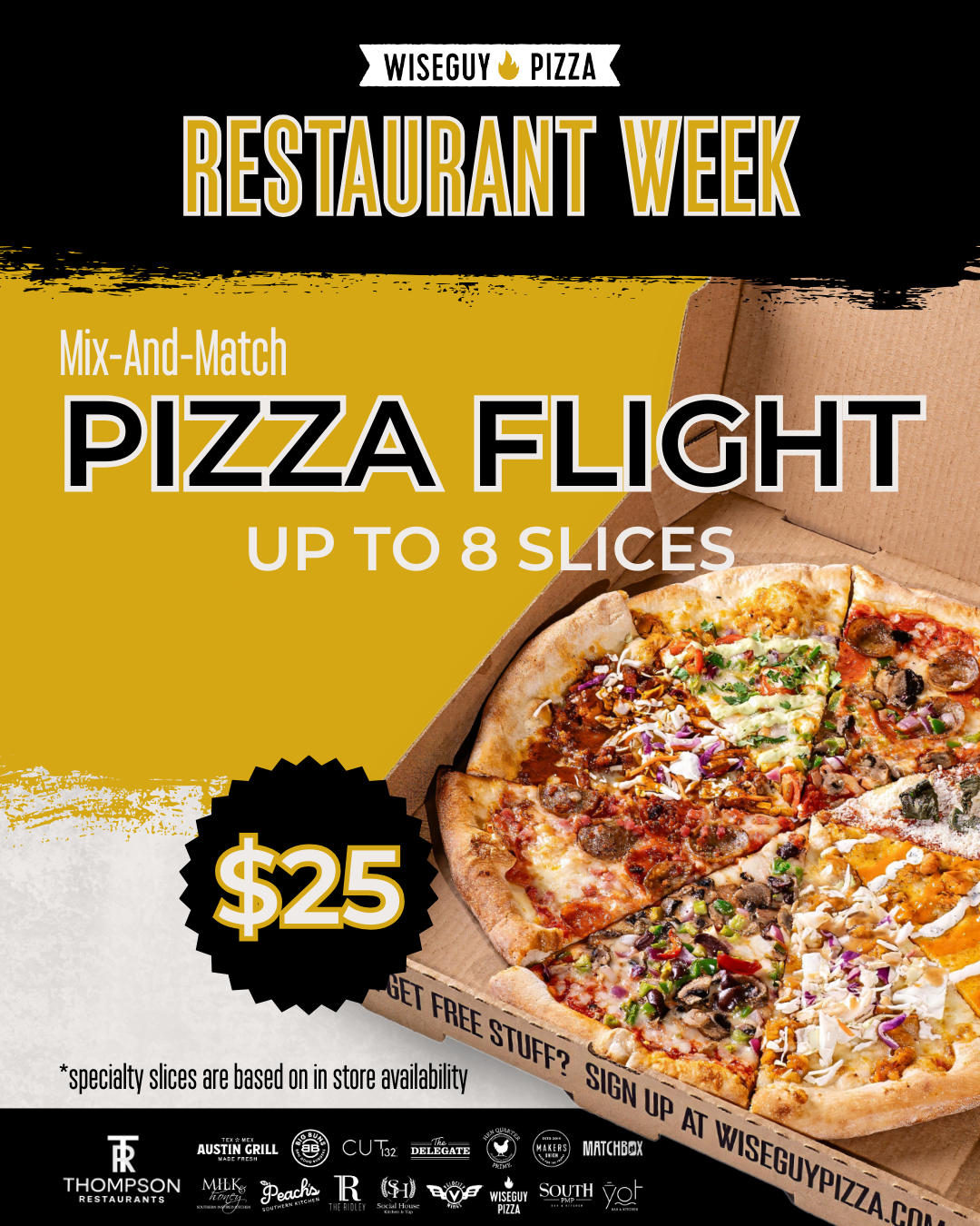 Restaurant Week promotion from Wiseguy Pizza featuring a pizza flight with up to eight mix‑and‑match slices for $25, shown in an open pizza box.