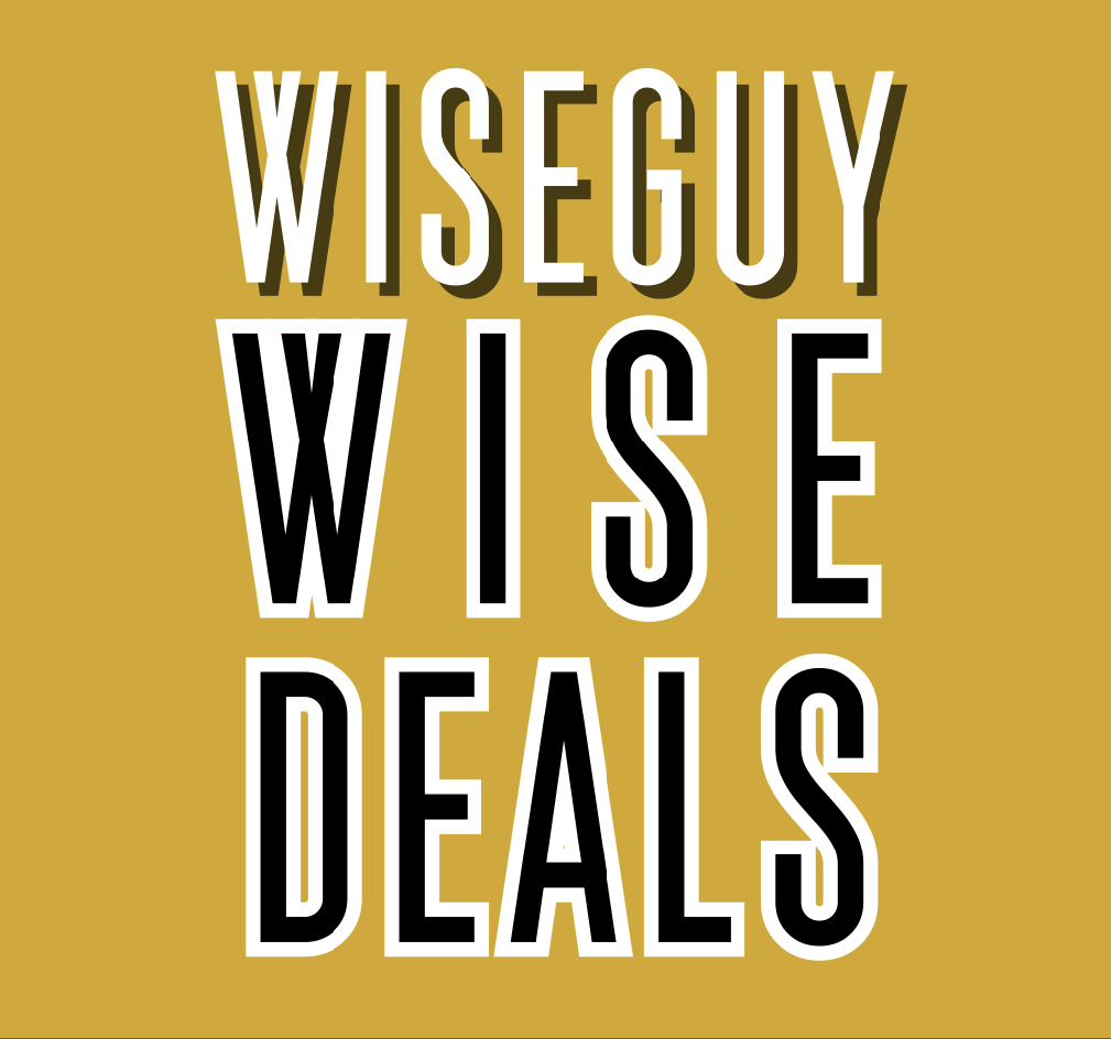 Bold black and white text on a gold background reads "WiseGuy Wise Deals".