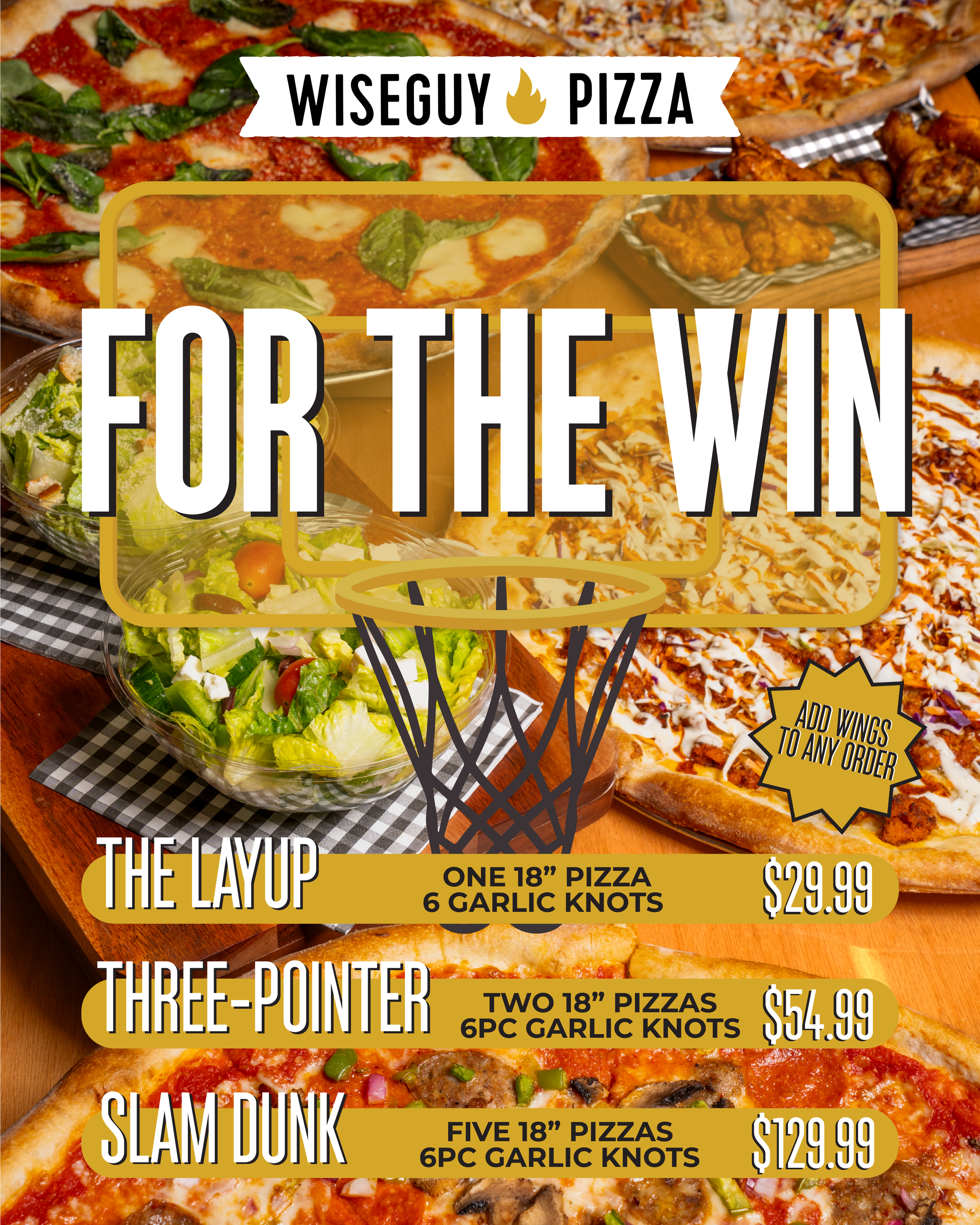 Promotional menu featuring large pizzas, garlic knots, and wings with three deals: The Layup, The Three-Pointer, and The Slam Dunk, displayed over photos of assorted pizzas and wings.