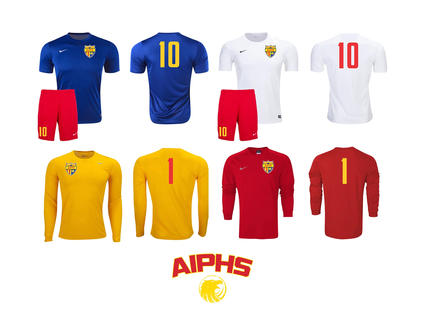 Golden Eagles Soccer Kits The Golden Eagles home soccer kit tops are white with red numbers, while the away soccer kit features a royal blue top with gold numbers. Additionally, the goalkeeper has the option to wear a gold uniform with red numbers or red uniform with gold numbers. To contrast from the Lady Eagle Soccer Kits, the Golden Eagles wear red shorts with gold numbers while the Lady Eagles wear royal blue shorts with gold numbers. White socks are required to be worn with the home kits, while red socks are worn with away uniforms.