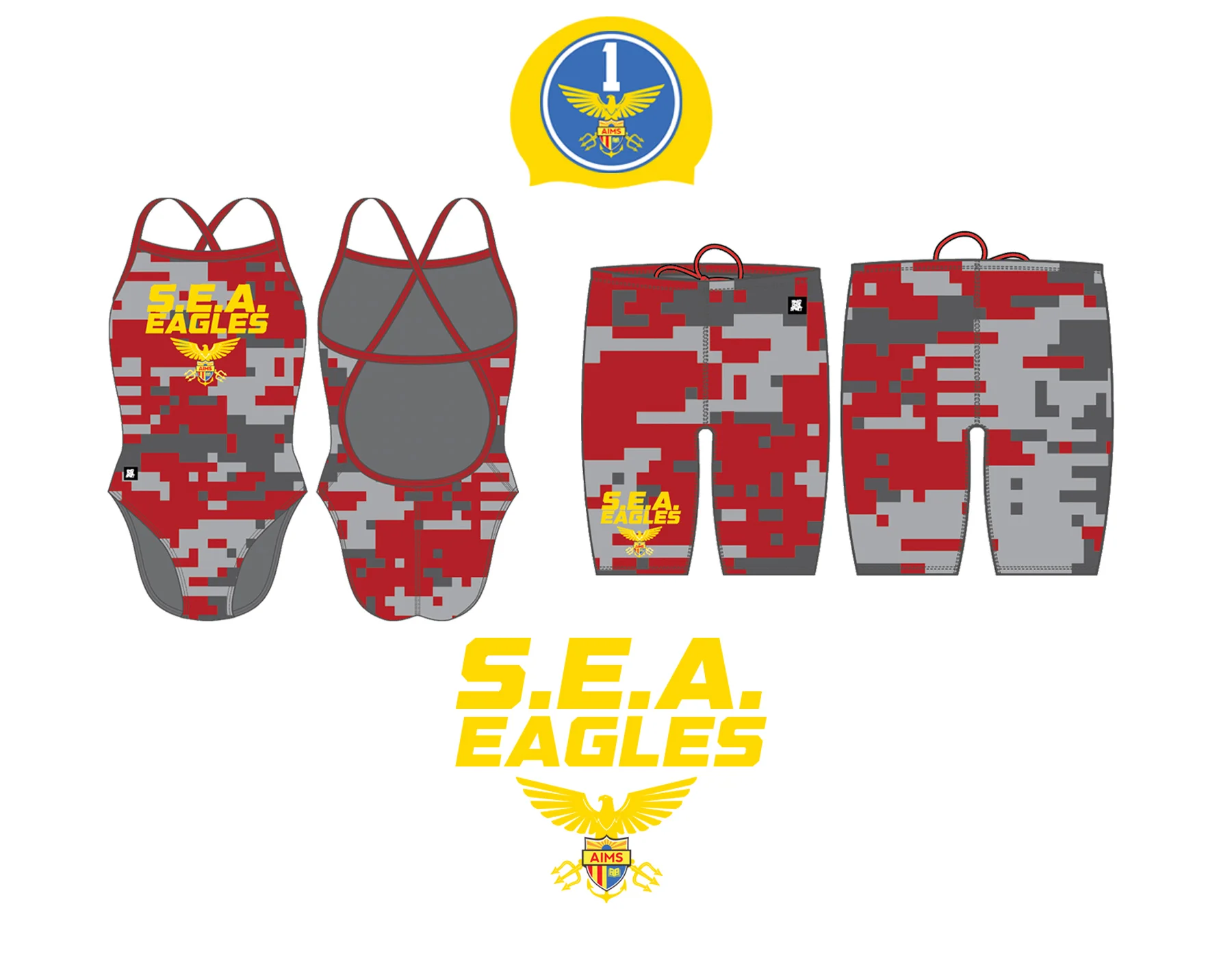 S.E.A. Eagles "Sea Combat" Uniforms In honor of its inaugural season, the Swimming Elite of American Indian Public High School (S.E.A. Eagles) will be donning their "Sea Combat" uniforms: a red and grey camouflage-patterned uniform and custom sea-themed Golden Eagles logo that's affixed with two tridents and a sea anchor. Additionally, the S.E.A. Eagles will wear WWII Army Air Corp-themed gold swim caps with the #1 on them - signifying the school's first ever swim team (S.E.A. Team One). Together, the inaugural 40 member S.E.A. Team will look to assert its dominance within the water.