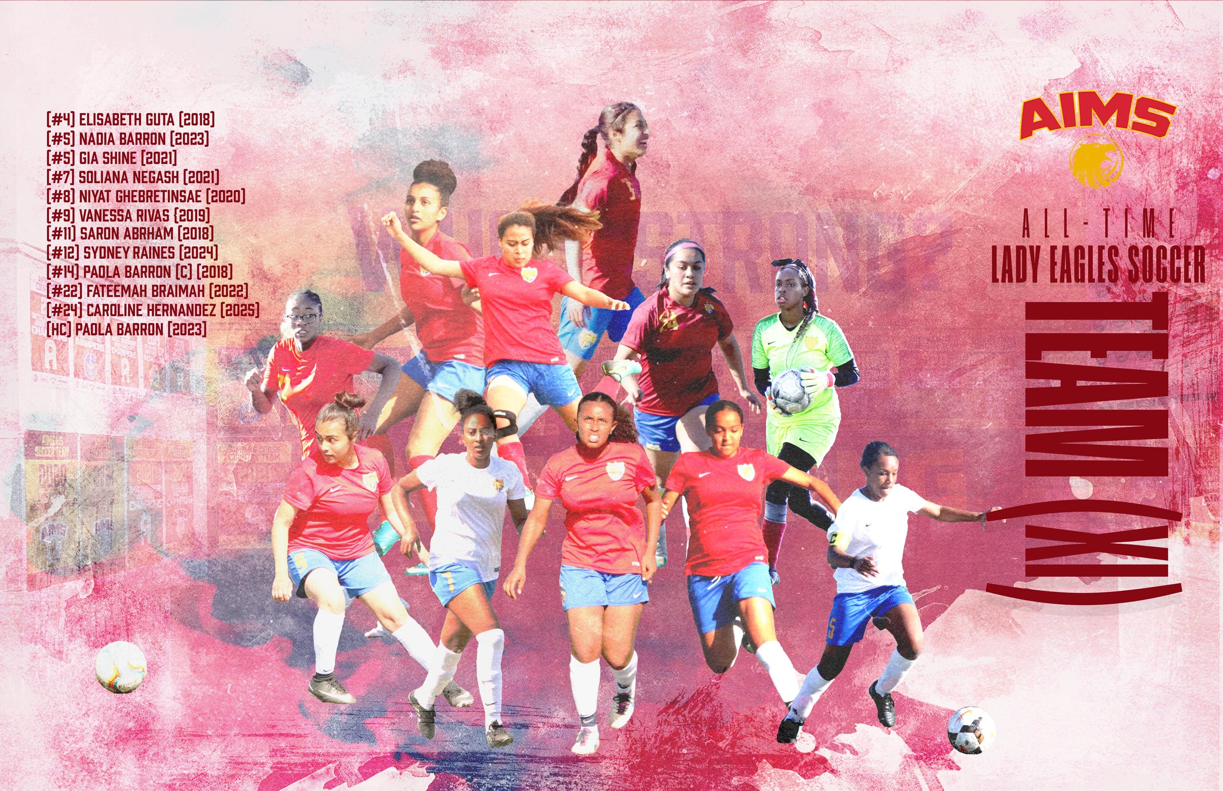   All-Time Lady Eagles Soccer Team:  (#4) Elisabeth Guta (2018), (#5) Nadia&nbsp;Barron&nbsp;(2023), (#5) Gia Shine (2021), (#7) Soliana Negash (2021), (#8) Niyat Ghebretinsae (2020), (#9) Vanessa Rivas (2019), (#11) Saron Abraham (2018), (#12) Sydne