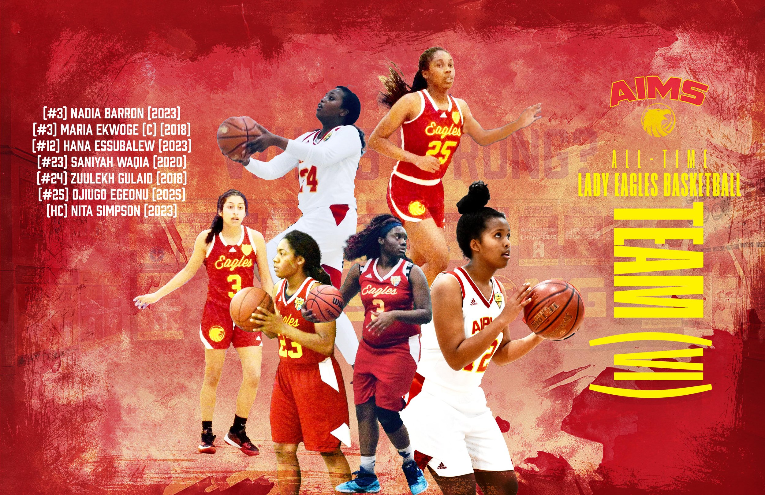   All-Time Lady Eagles Basketball Team:  (#3) Nadia Barron (2023), (#3) Maria Ekwoge (C) (2018), (#12) Hana Essubalew (2023), (#23) Saniyah Waqia (2020), (#24) Zuulekh Gulaid (2018), (#25) Ojiugo Egeonu (2025), (HC) Nita Simpson (2023)  