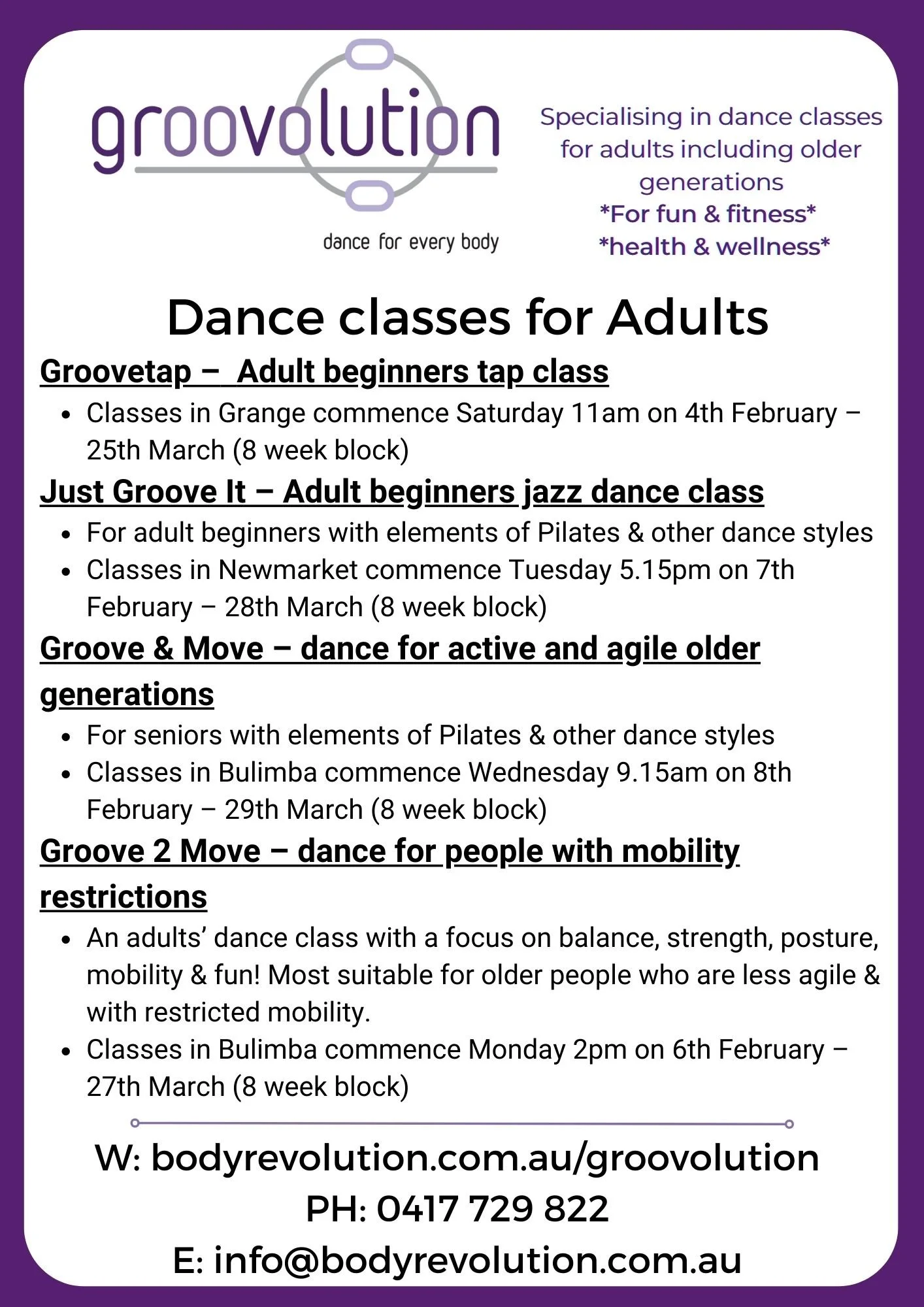 Groovolution dates for Term 1, 2023