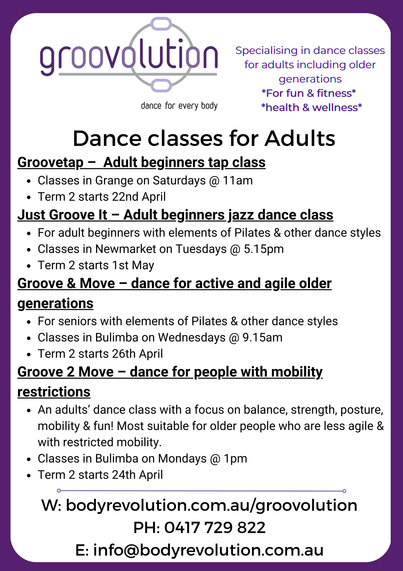 Groovolution Classes term 2 2023