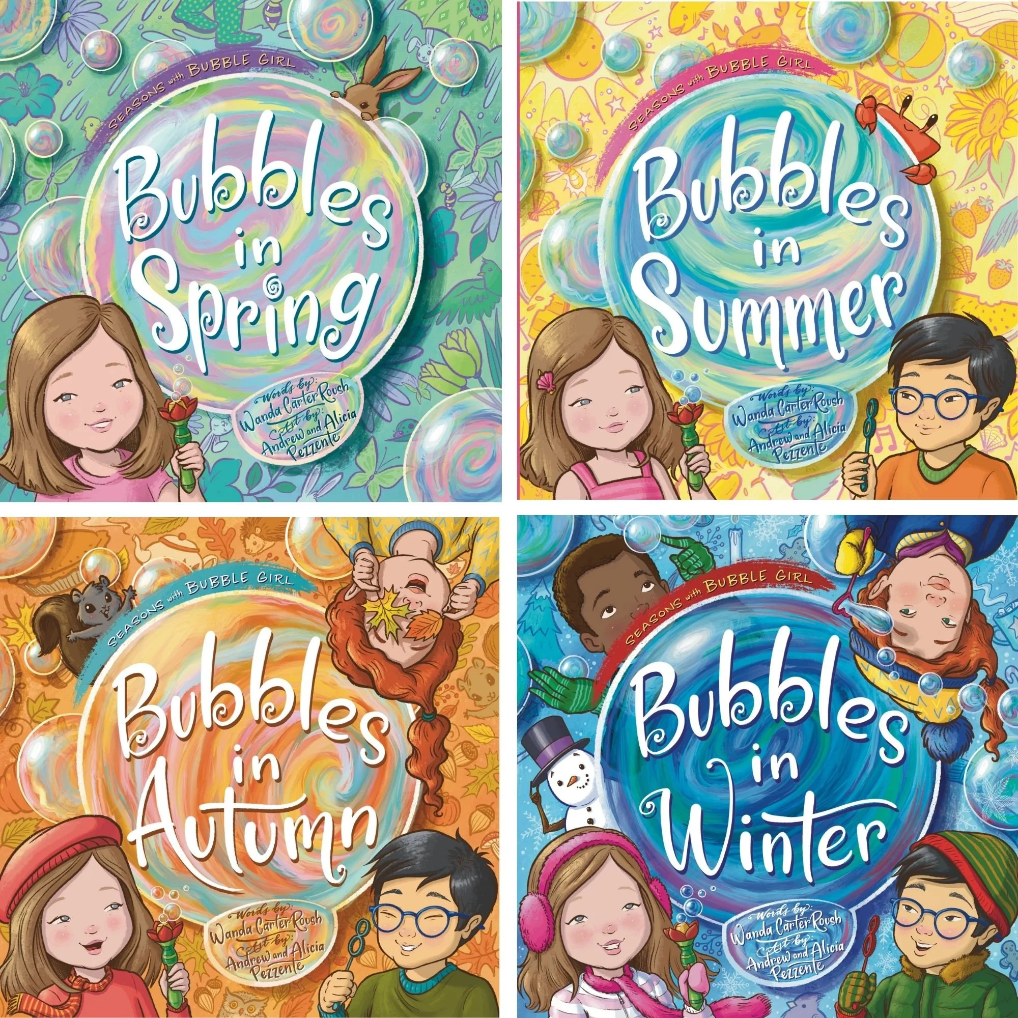 Covers of the four Seasons with Bubble Girl children’s books by Wanda Carter Roush: Bubbles in Spring, Summer, Autumn, and Winter.