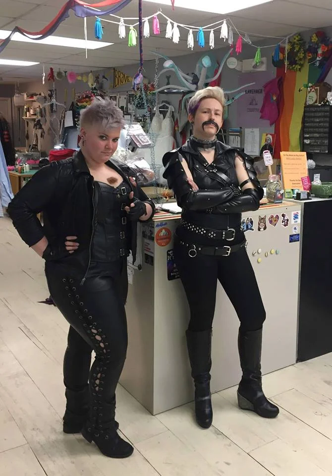 Miranda and Liby pose as the winners of Bloomington’s Best Leather Repair Shop (we don’t actually repair leather, so we did our best).