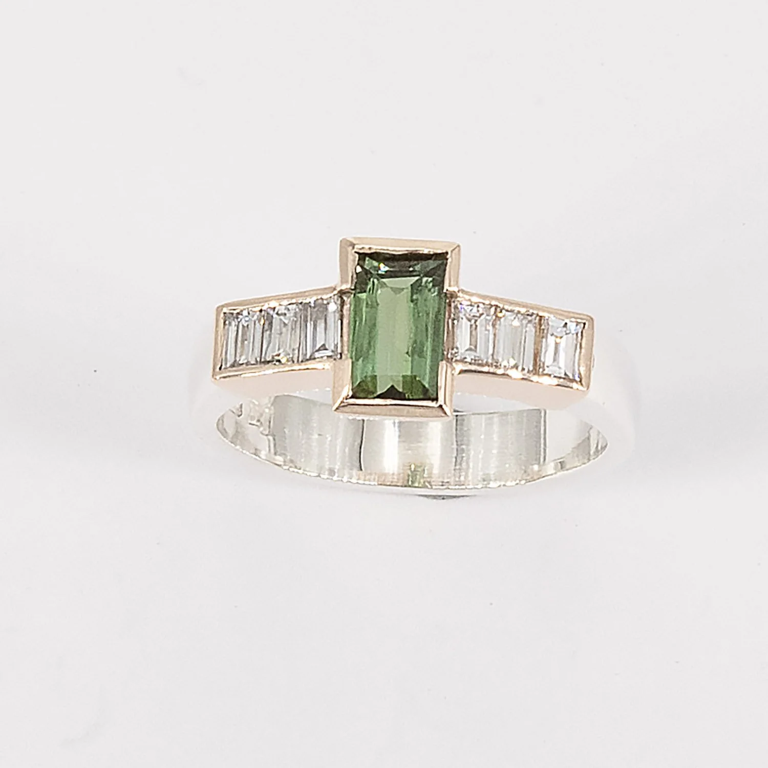 Green tourmaline and lab diamond sterling silver and rose gold ring