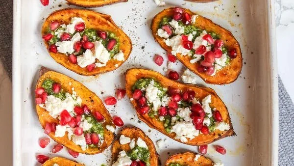 Baked Sweet Potato with Feta, Pesto &amp; Pomegranate