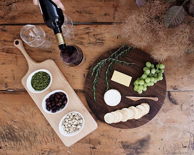 There&rsquo;s nothing better than a Friday cheese platter and some wine &sim; featuring the maple long board on the left and the medium round board in Walnut on the right 🧀🍷