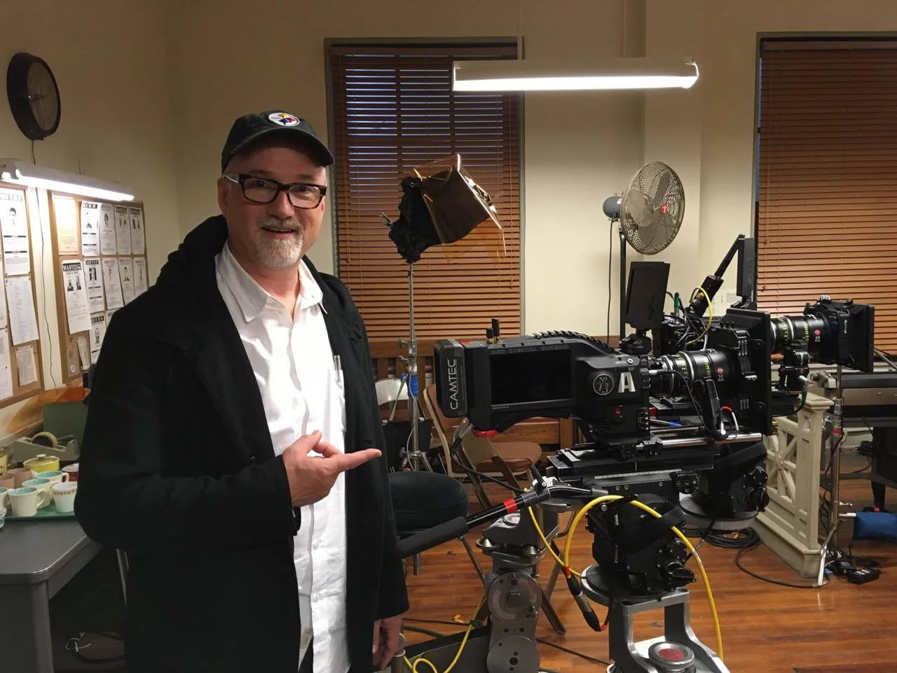 David Fincher pictured with a custom Xenomorph Red Camera outfitted with Camtec accessories on the set of Mindhunter.