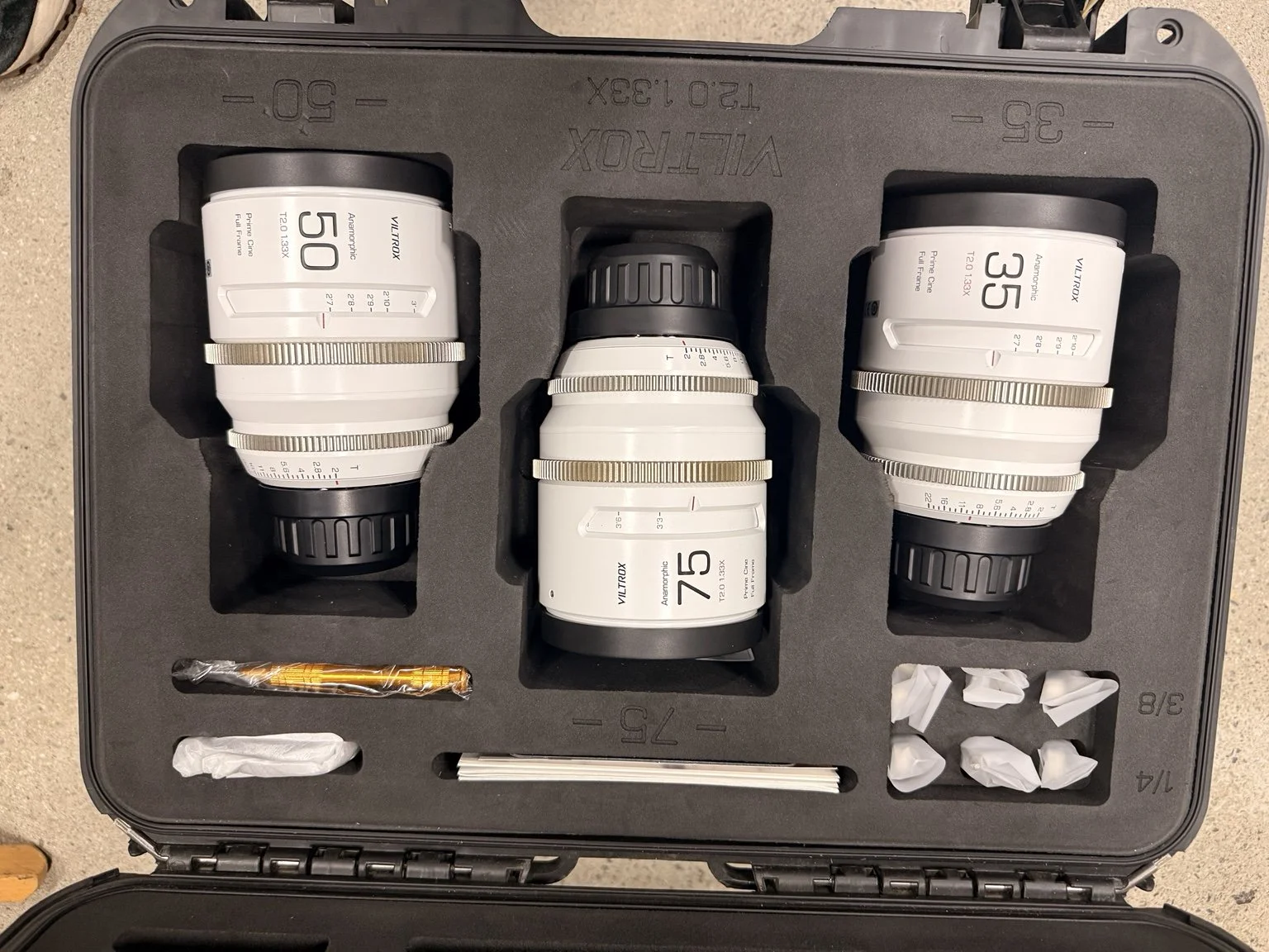 Camtec Viltrox EPIC 35mm, 50mm, and 75mm T2 1.33x anamorphic primes in their case