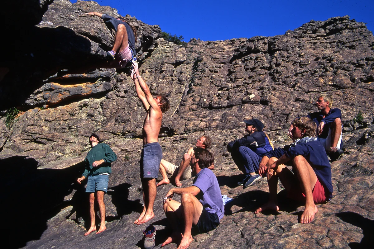 Klem and 'the Austrians' (who were mostly German) spotting and lounging at the Hollow Mountain Cave; Toni Lamprecht (possibly the best spotter ever) is spotting and Klem is lounging directly behind him. Julian Saunders