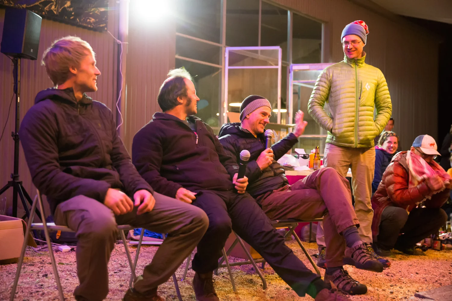New school raider and old guard stalwarts, Nalle Hukkataival, Dave Jones and Jules Saunders settle in for Saturday night's talk fest. Kamil Sustiak